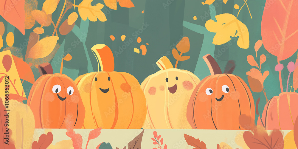 Fototapeta premium Festive Pumpkin Greeting: Cute cartoon pumpkins on a holiday card.
