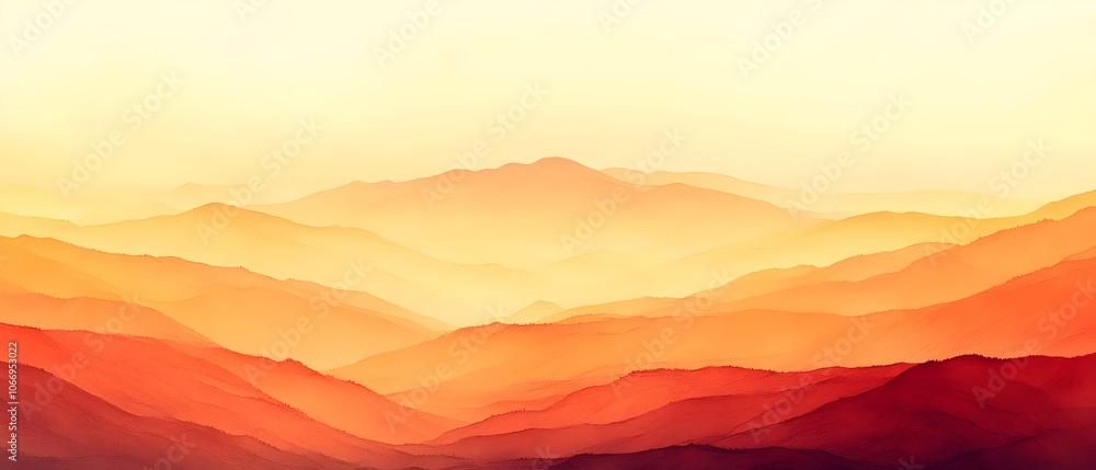 Fototapeta premium A serene landscape showcasing rolling mountains in warm hues of orange and gold, evoking a peaceful sunset atmosphere with soft lines and gentle gradients.