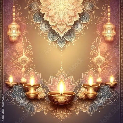 Elegant Diwali card background with a soft pastel color gradient, featuring an ornate border of gold filigree and a central arrangement of glowing diwali lamps. Oriental festival of lights. Ramadan
