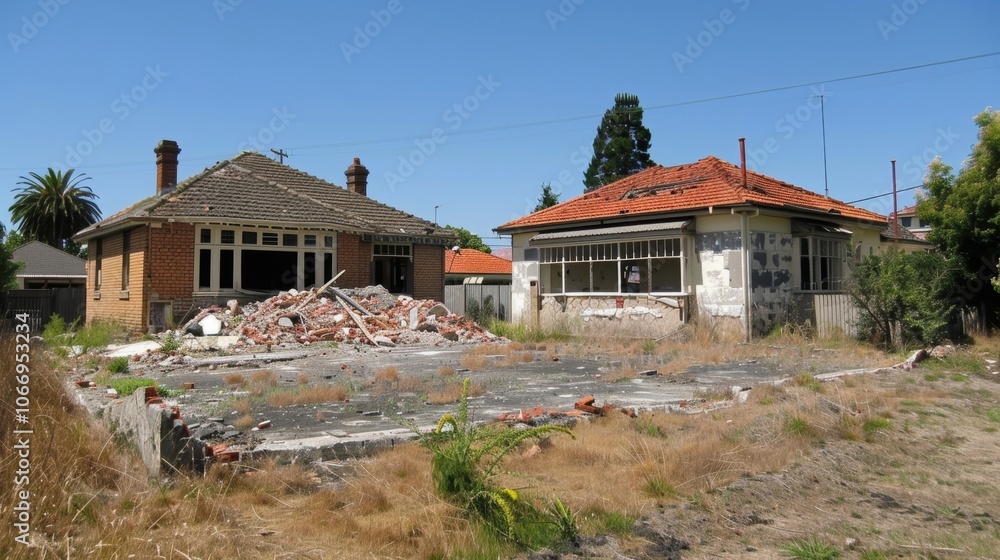 A before and after photo of an old building undergoing demolition showing the transformation from a wornout structure to a clean clear plot of land. A before and after photo of an old building undergoing demolition showing the transformation from a wornout structure to a clean clear plot of land.