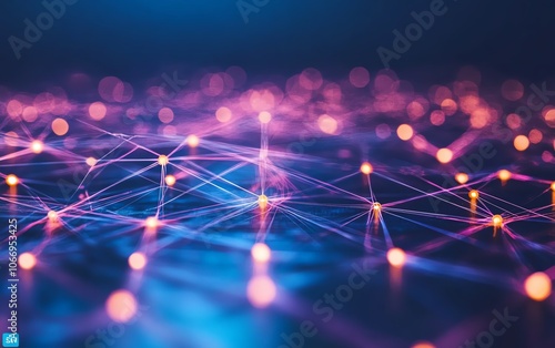 An eyecatching visualization of a vibrant network of interconnected nodes and lines against a bluepurple backdrop, enriched with a soft bokeh effect representing modern technology photo