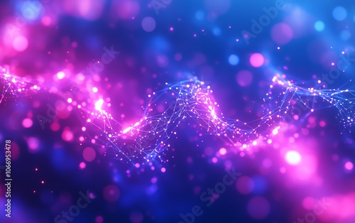 An eyecatching visualization of a vibrant network of interconnected nodes and lines against a bluepurple backdrop, enriched with a soft bokeh effect representing modern technology photo