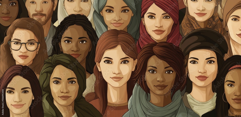 Illustration of diverse women from various ethnicities coming together in unity, symbolizing the strength and diversity within their feminine essence Illustration of diverse women from various ethnicities coming together in unity, symbolizing the strength and diversity within their feminine essence