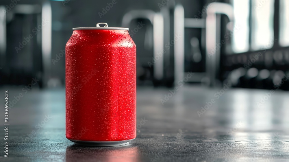 A condensation-covered red soda can on a gym floor, capturing a refreshing moment in a fitness environment. A condensation-covered red soda can on a gym floor, capturing a refreshing moment in a fitness environment.