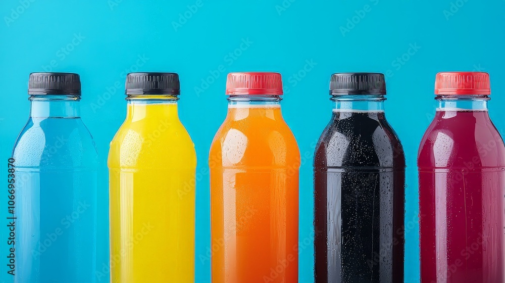 Colorful beverage bottles lined up against a vibrant blue background, showcasing various flavors and refreshing options. Colorful beverage bottles lined up against a vibrant blue background, showcasing various flavors and refreshing options.