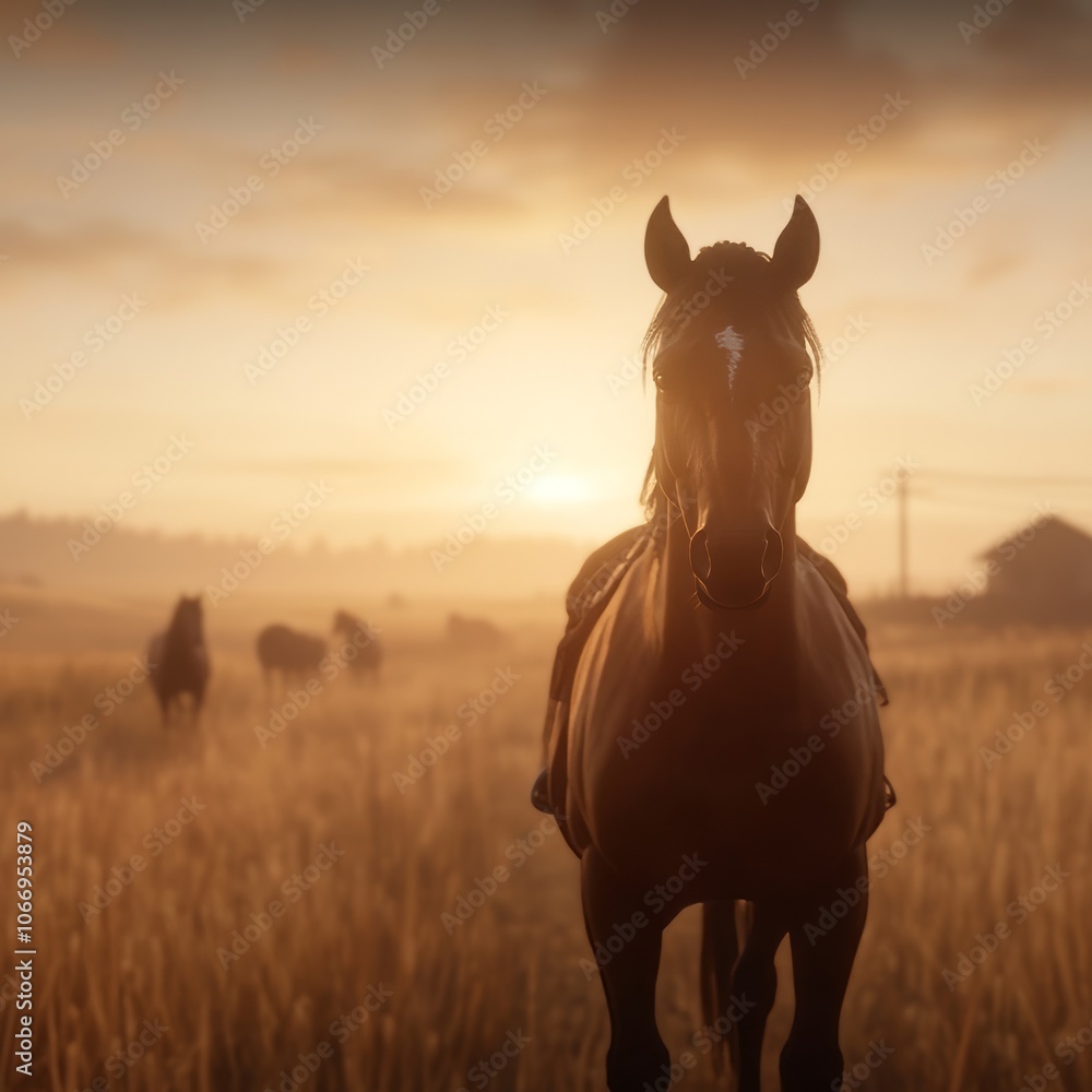 A lone horse stands in a field of tall grass, bathed in the golden light of the rising sun. A lone horse stands in a field of tall grass, bathed in the golden light of the rising sun.
