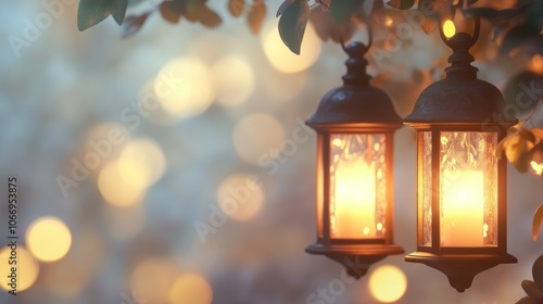 Elegant Lanterns Emitting Warm Glow in Dreamy Atmosphere