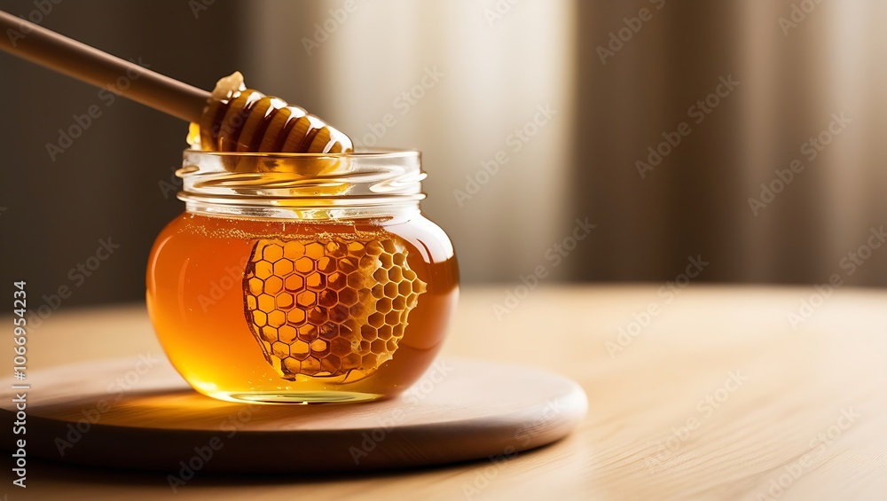 A glass jar of honey with a wooden dipper, on a wooden board. A glass jar of honey with a wooden dipper, on a wooden board.