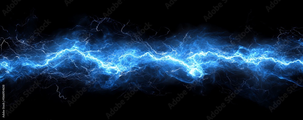 Closeup view of electric blue lightning striking against a pitchblack night sky, capturing the intensity of a dramatic weather event Closeup view of electric blue lightning striking against a pitchblack night sky, capturing the intensity of a dramatic weather event