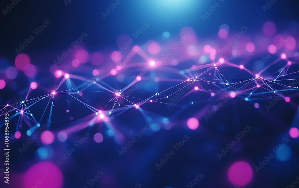 Dynamic visualization of a vibrant network of interconnected nodes and lines on a blue and purple background, showcasing technology and connectivity with a bokeh effect Dynamic visualization of a vibrant network of interconnected nodes and lines on a blue and purple background, showcasing technology and connectivity with a bokeh effect