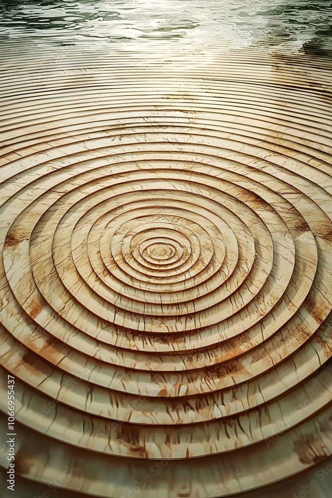 Fototapeta premium A serene close-up of concentric ripples in wooden surface, creating a calming effect with soft lighting reflecting off the water in the background, suggesting tranquility and harmony.