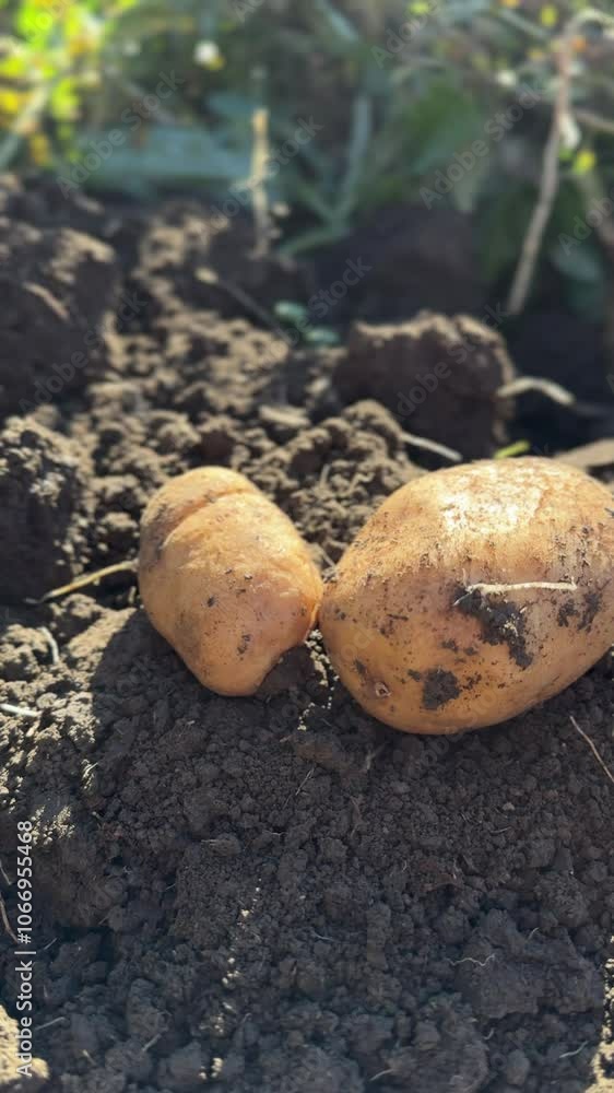 Harvesting unique potatoes in a sunny field, showcasing the organic shapes and textures of freshly dug roots from the soil on a clear autumn day Harvesting unique potatoes in a sunny field, showcasing the organic shapes and textures of freshly dug roots from the soil on a clear autumn day