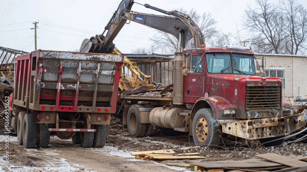 The remains of an old building being loaded onto a dump truck ready to be hauled away. The remains of an old building being loaded onto a dump truck ready to be hauled away.