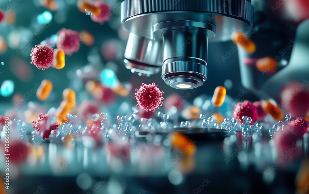 A highresolution image of a microscope focused on a single virus, surrounded by various bacteria, illustrating the battle against disease at a microscopic level A highresolution image of a microscope focused on a single virus, surrounded by various bacteria, illustrating the battle against disease at a microscopic level
