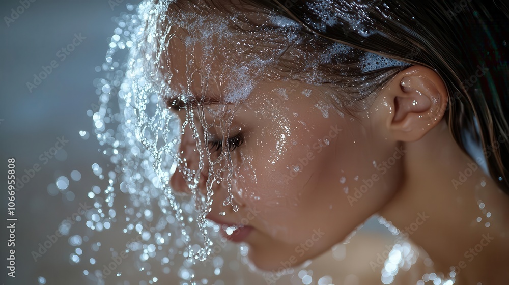 A close-up of a woman’s face with water cascading over her, creating a serene and refreshing moment. A close-up of a woman’s face with water cascading over her, creating a serene and refreshing moment.