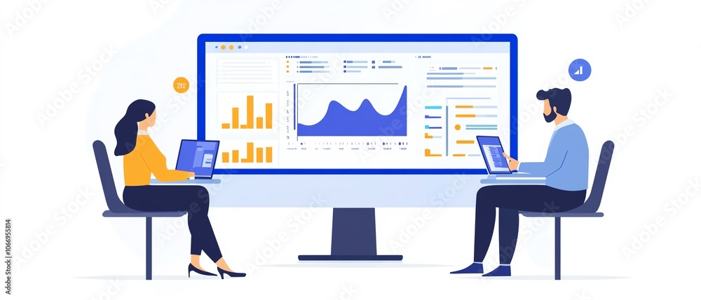 A professional scene of two tech engineers, one male and one female, working side by side to analyze data on a large computer monitor, showcasing modern tech dynamics A professional scene of two tech engineers, one male and one female, working side by side to analyze data on a large computer monitor, showcasing modern tech dynamics