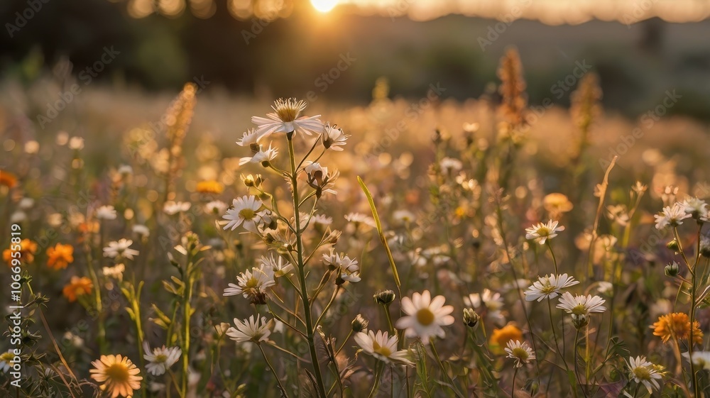 Meadow with wildflowers and tall grasses at golden hour Meadow with wildflowers and tall grasses at golden hour