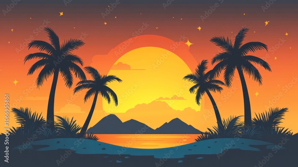 Tropical Sunset with Palm Trees and Silhouetted Mountains Tropical Sunset with Palm Trees and Silhouetted Mountains