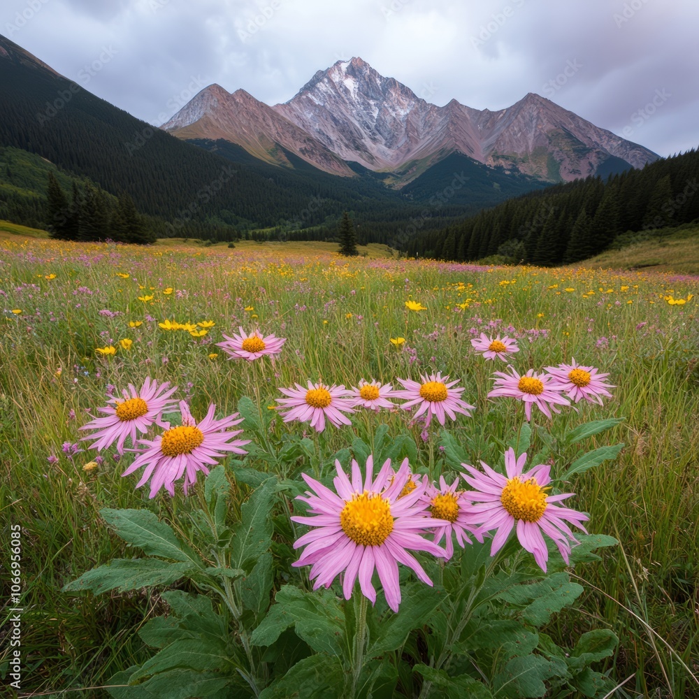 Obraz premium Pink wildflowers in a field with mountains in the background.