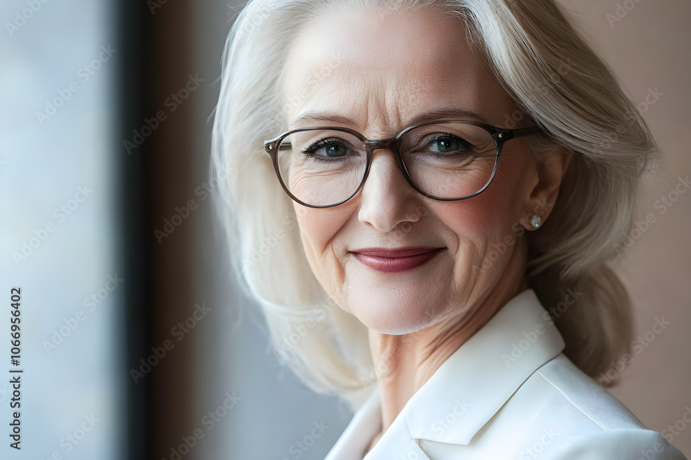 Close-up of an elderly executive woman wearing glasses, exuding confidence and professionalism with a warm smile in a well-lit environment Close-up of an elderly executive woman wearing glasses, exuding confidence and professionalism with a warm smile in a well-lit environment