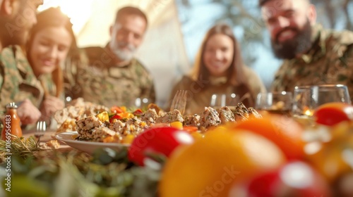 Military personnel enjoy a delicious feast together in a scenic outdoor setting