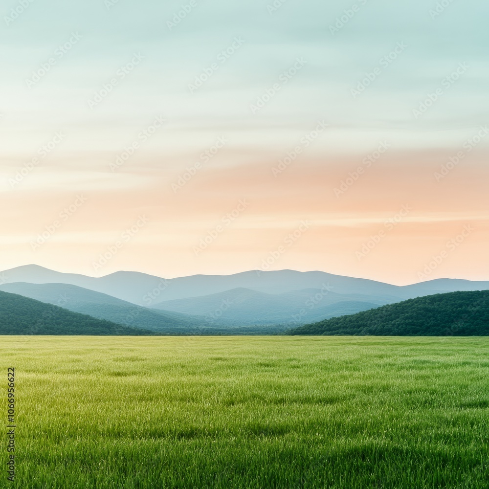 Obraz premium Tranquil field with a view of distant mountains under a colorful sky at sunset.