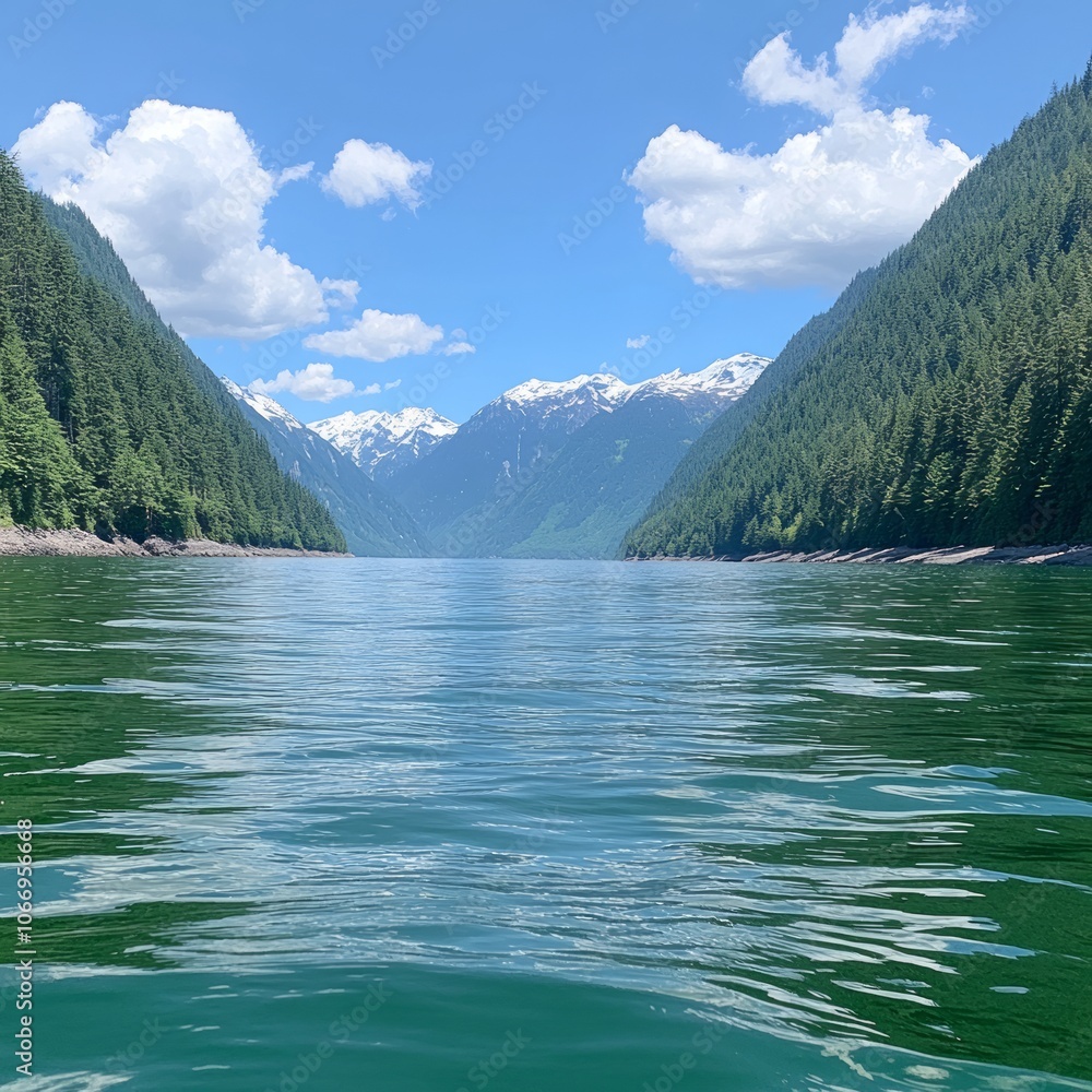 Tranquil lake surrounded by lush green mountains under a clear blue sky. Tranquil lake surrounded by lush green mountains under a clear blue sky.