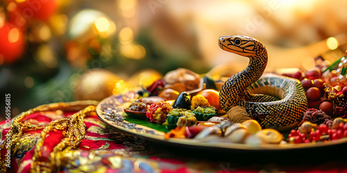 Intricate wooden snake figurine surrounded by colorful items on an ornate plate with a blurred festive background