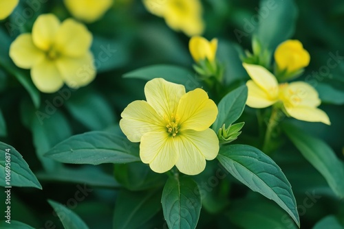 Yellow bright flowers of the evening primrose close-up in the garden #1066956874