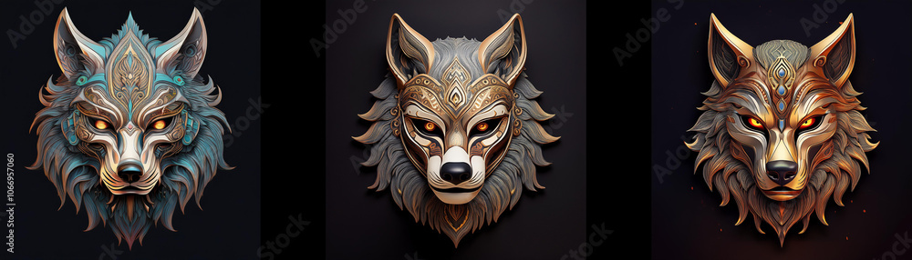 Naklejka premium Three intricately detailed wolf masks, isolated on a black background.