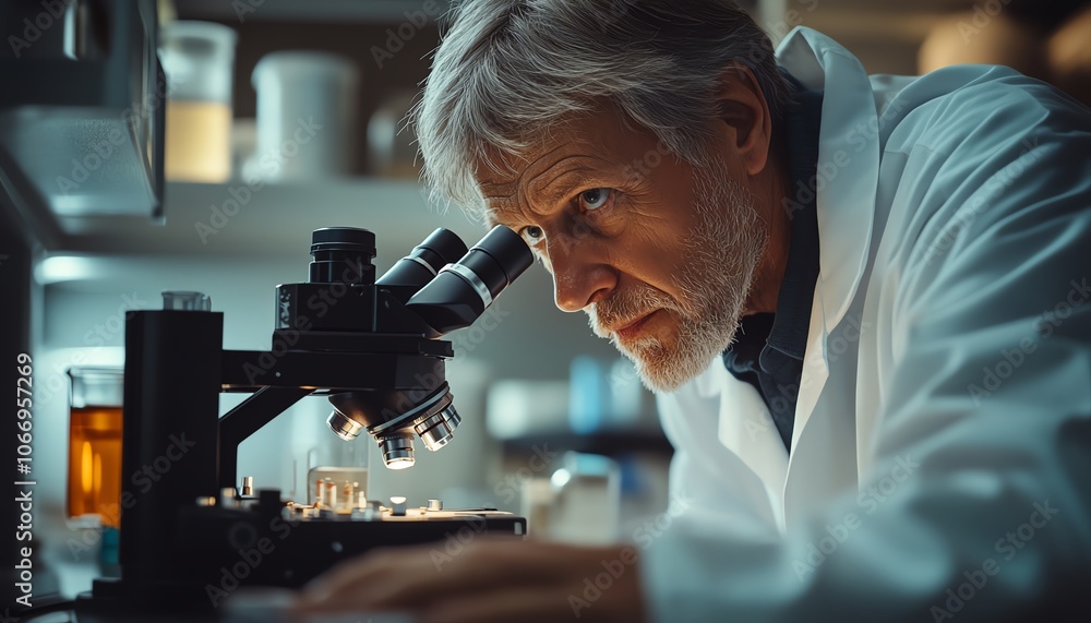 Closeup of a dedicated scientist in a lab coat focused on a microscope, analyzing a sample for a medical biology experiment, showcasing precision and expertise Closeup of a dedicated scientist in a lab coat focused on a microscope, analyzing a sample for a medical biology experiment, showcasing precision and expertise