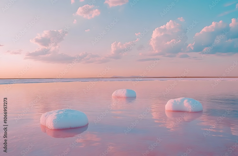Three White Rocks Floating on a Pink and Blue Lake Three White Rocks Floating on a Pink and Blue Lake