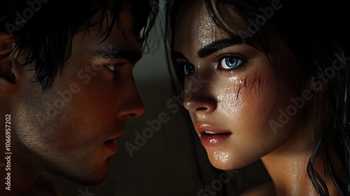 Intense Close-Up of Determined Woman with Scar and Man in Dramatic Staredown photo