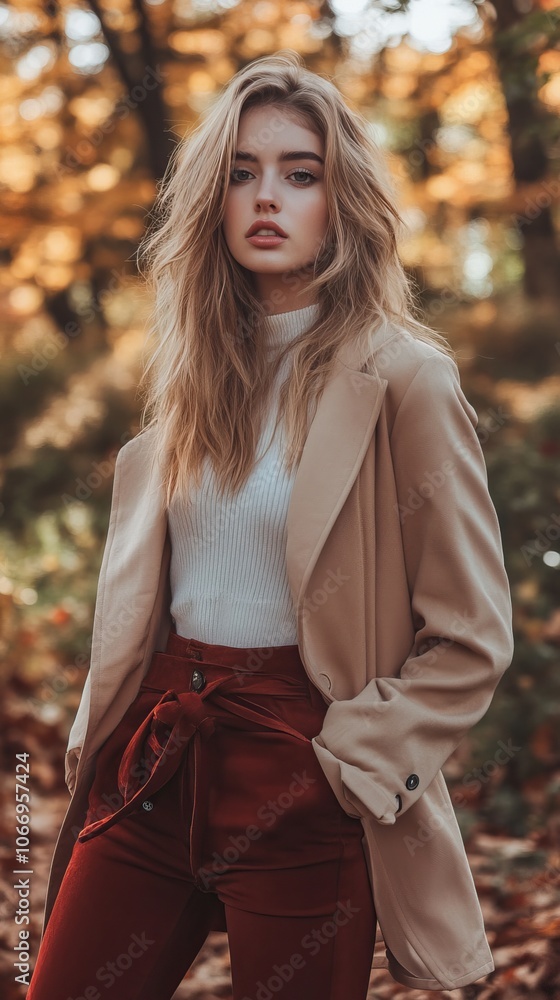 Stylish Young Woman in Fall Fashion with Beige Coat and Red Pants, Outdoors in Autumn Forest Setting Stylish Young Woman in Fall Fashion with Beige Coat and Red Pants, Outdoors in Autumn Forest Setting