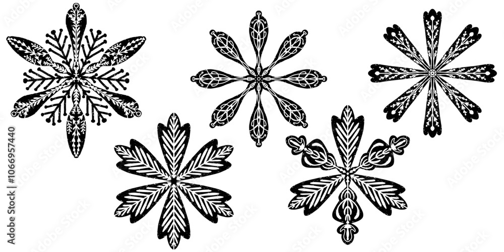Set Openwork snowflakes in linocut style, lace folk motifs Scandinavian style, vector isolated element
Set Openwork snowflakes in linocut style, lace folk motifs Scandinavian style, vector isolated element