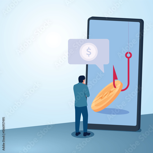 A man stands in front of a mobile phone with money on the bait. Illustration for click bait, digital phishing, online marketing.