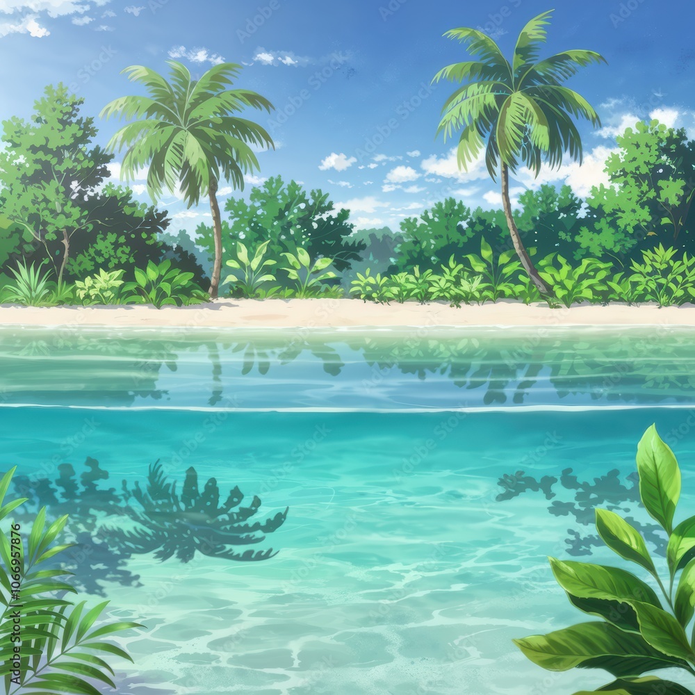 Obraz premium Tranquil Tropical Beach Scene with Palm Trees and Crystal Clear Water