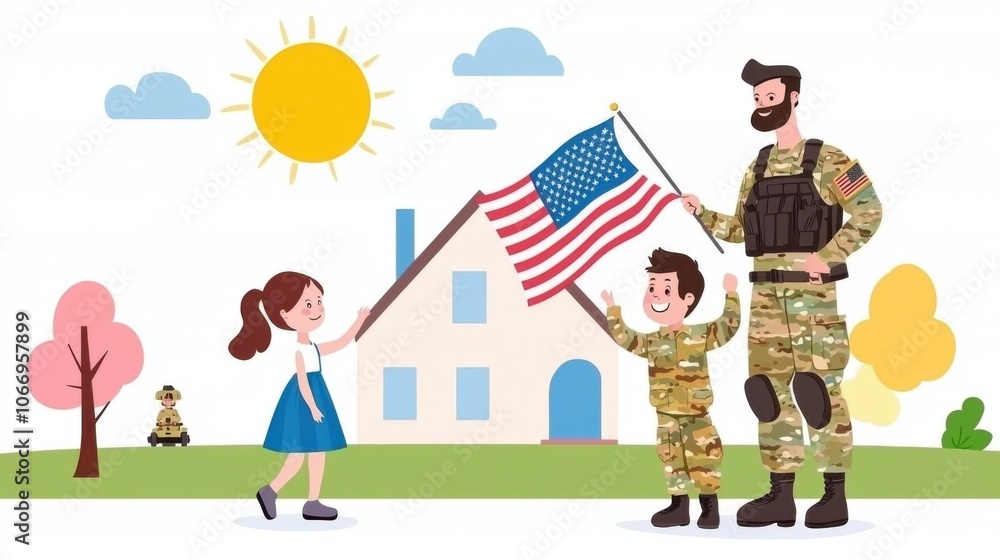 Children joyfully celebrate family and patriotism with soldiers holding american flag Children joyfully celebrate family and patriotism with soldiers holding american flag