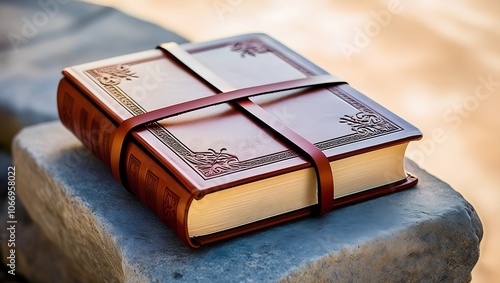 A leather-bound book with decorative designs and a strap closure rests on a stone surface.