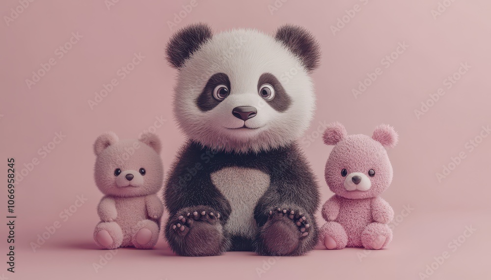 Cute panda with big eyes sitting among plush bears on a pink background Cute panda with big eyes sitting among plush bears on a pink background