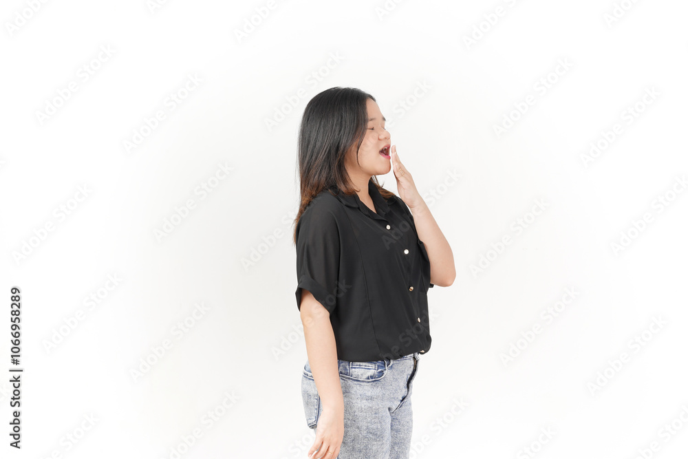 beautiful Asian woman strikes a sleepy pose, yawning with a tired expression against a white background beautiful Asian woman strikes a sleepy pose, yawning with a tired expression against a white background