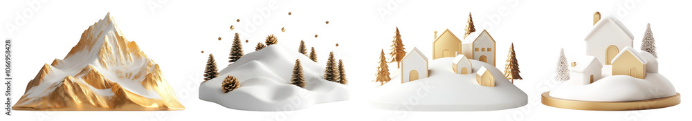 3D white and gold minimal snowy mountain png cut out element set 3D white and gold minimal snowy mountain png cut out element set