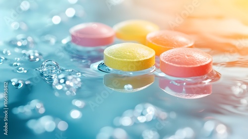 Close-up of Colorful Effervescent Vitamin Tablet Dissolving in Refreshing Liquid Water photo