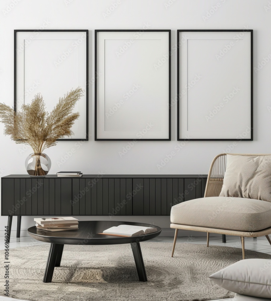 A contemporary living room with a black and white color scheme featuring a black cabinet. a round coffee table. an armchair. and three framed abstract artworks A contemporary living room with a black and white color scheme featuring a black cabinet. a round coffee table. an armchair. and three framed abstract artworks