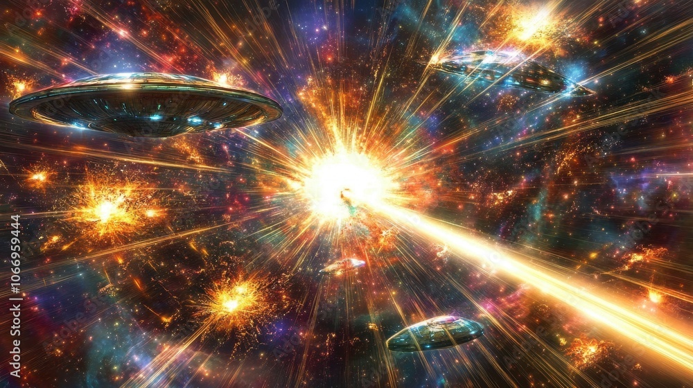 Naklejka premium A cosmic battle between futuristic spacecraft and alien UFOs, with bright laser beams and explosions lighting up the vastness of space