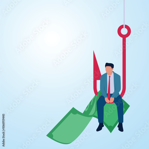 A man sits on banknotes caught on a fishing rod. Illustration for click bait, digital phishing, online marketing.
