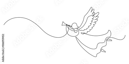 Christmas angel playing on horn. Continuous line drawing.