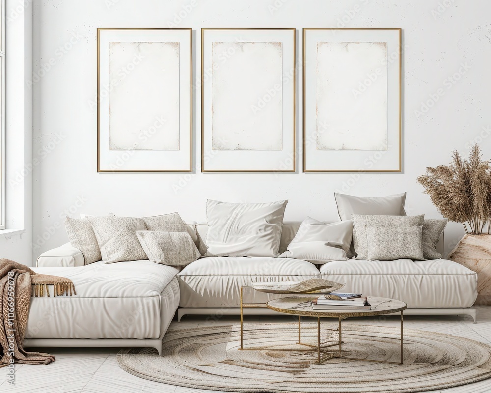 Minimalist living room interior with a beige sofa. three blank frames. a wooden coffee table and a throw blanket Minimalist living room interior with a beige sofa. three blank frames. a wooden coffee table and a throw blanket