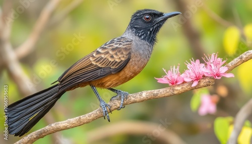 A bird perched gracefully on a branch adorned with delicate pink flowers