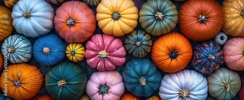 Colorful Autumn Pumpkins in Overhead Artistic Display